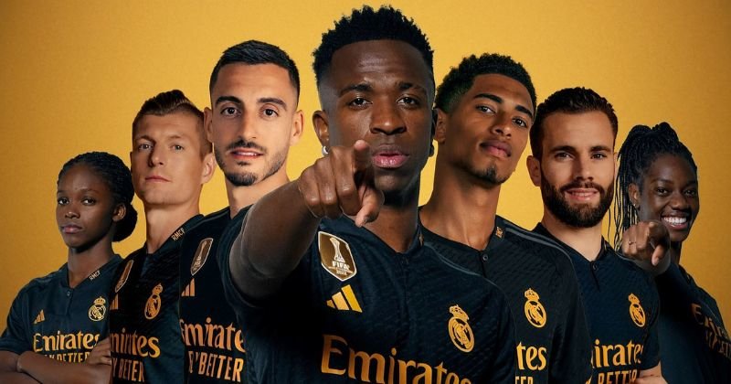 players wearing real madrid 2023-24 third shirt in black and gold